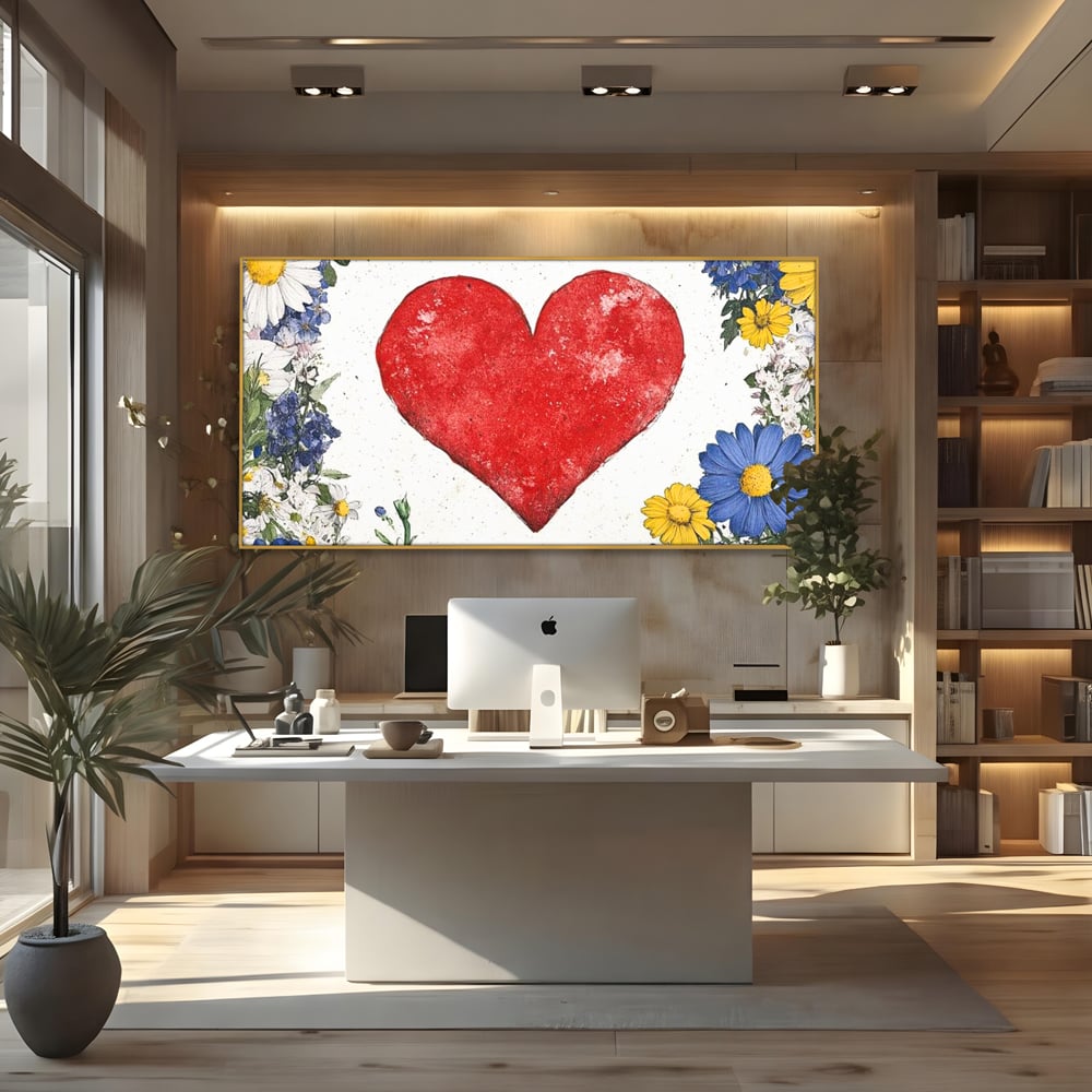 Tablou canvas cu tablou canvas cu inima rosie si flori, in rama de aluminiu auriu, pe perete intr-un birou
